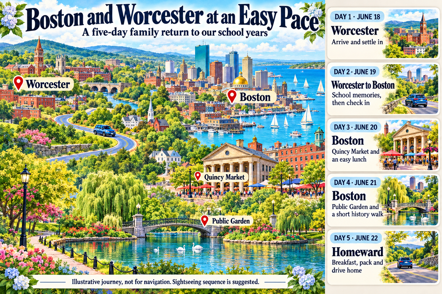 Illustrated five day driving itinerary. June 18 arrive in Worcester. June 19 revisit school memories and drive to Boston. June 20 suggested Quincy Market outing. June 21 suggested Public Garden and short history walk. June 22 drive home. Scenic locations are not to scale; the same itinerary appears in text below.