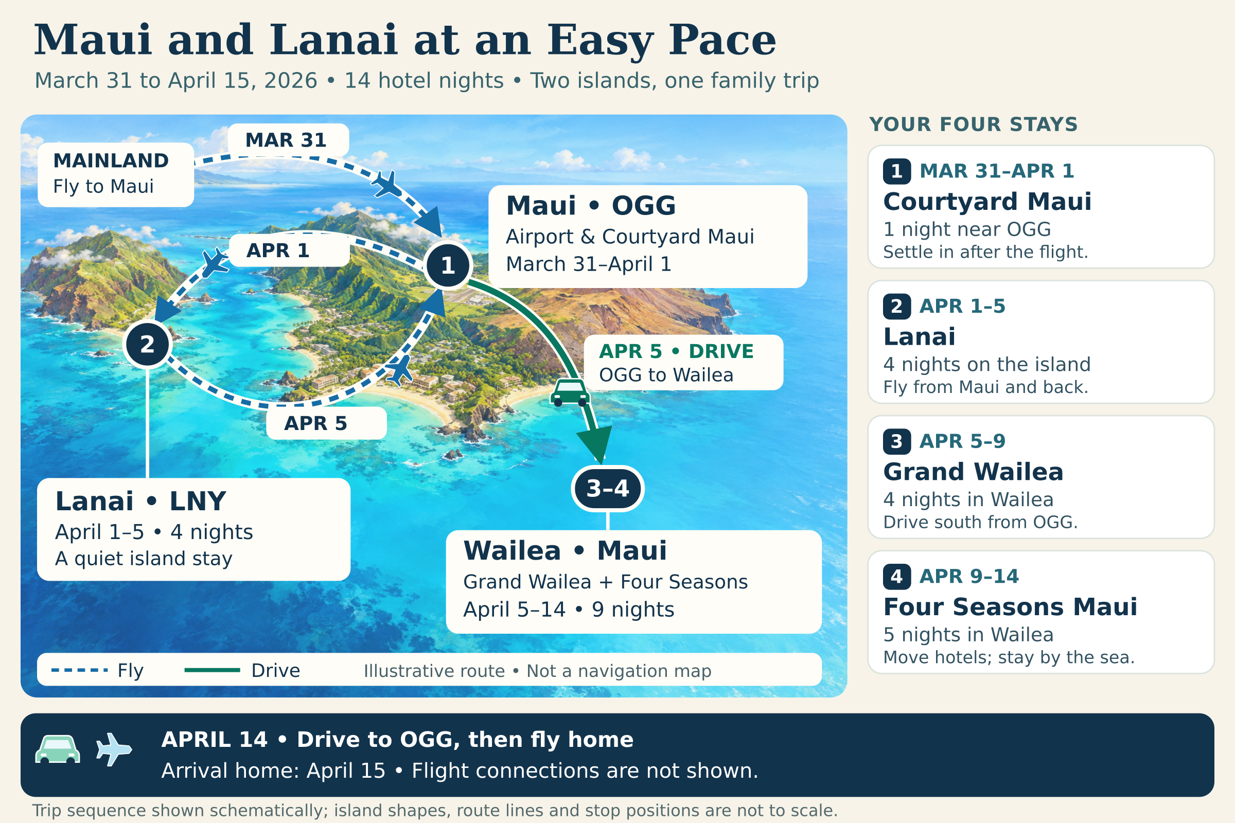 Illustrated route: arrive at Maui OGG March 31; Courtyard overnight; fly to Lanai April 1 for four nights; fly back April 5 and drive to Grand Wailea for four nights; transfer to Four Seasons Maui April 9 for five nights; drive to OGG and depart April 14, arriving home April 15. Full dates follow in text.