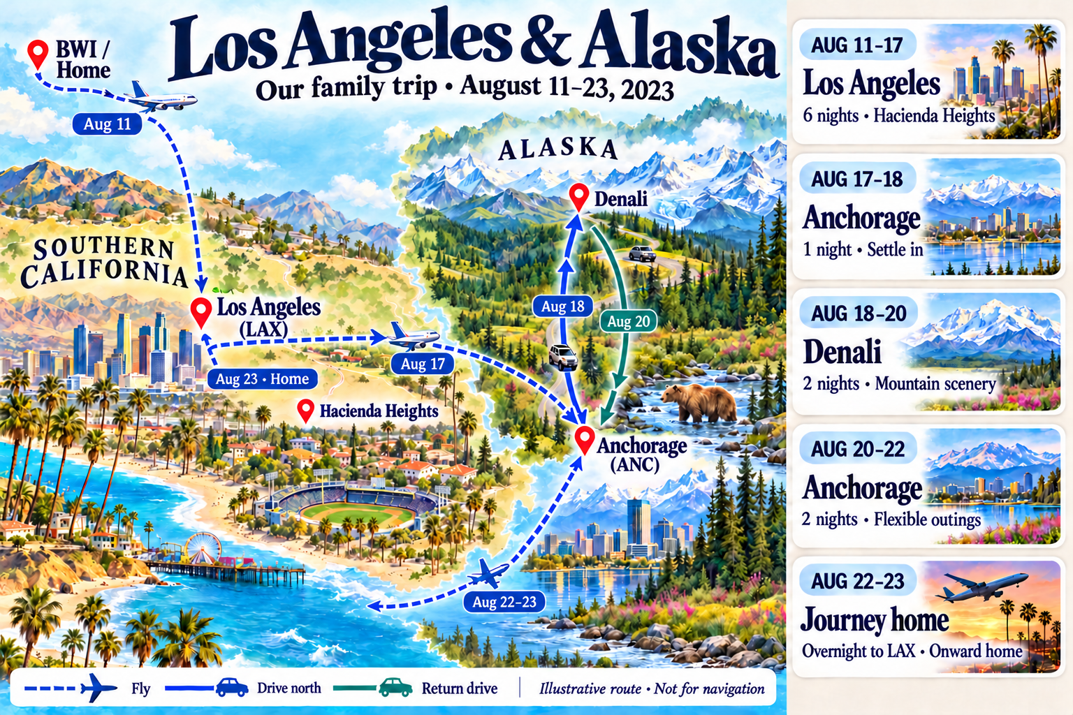 Illustrated route for August 11 to 23 2023. Fly from BWI to Los Angeles August 11, then to Anchorage August 17. Drive north to Denali August 18 and back to Anchorage August 20. Fly overnight to Los Angeles August 22 to 23, then onward home. Five date blocks and hotel nights are repeated in the table below. Decorative geography is not to scale.