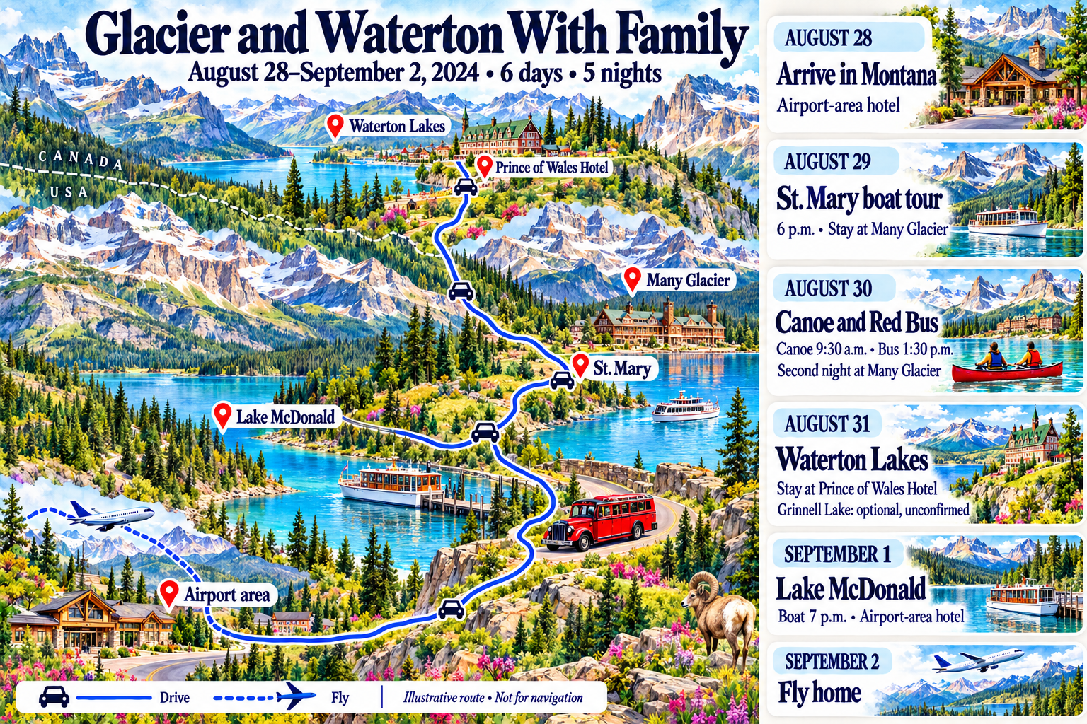 Colorful illustrated six-day Glacier and Waterton itinerary for August 28 to September 2, 2024. Fly to Montana and stay near the airport; take the St. Mary boat tour at 6 p.m. and stay two nights at Many Glacier; canoe at 9:30 a.m. and take the Red Bus at 1:30 p.m.; cross into Canada for Prince of Wales Hotel; return to Lake McDonald for a 7 p.m. boat tour and an airport-area hotel; fly home September 2. Grinnell Lake is optional and unconfirmed. Illustrative route, not for navigation. The article provides the same itinerary in text.